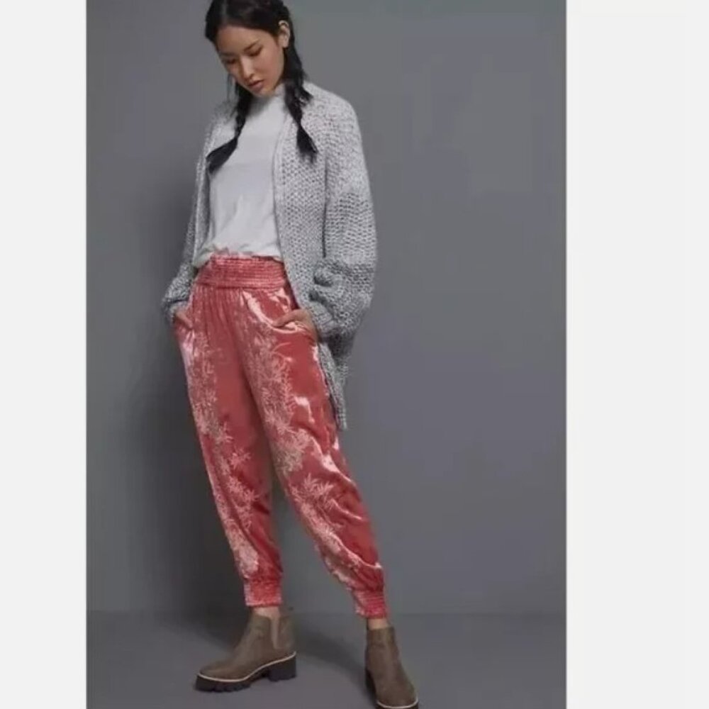 ANTHROPOLOGIE Rosie Coral Embroidered Velvet Joggers
